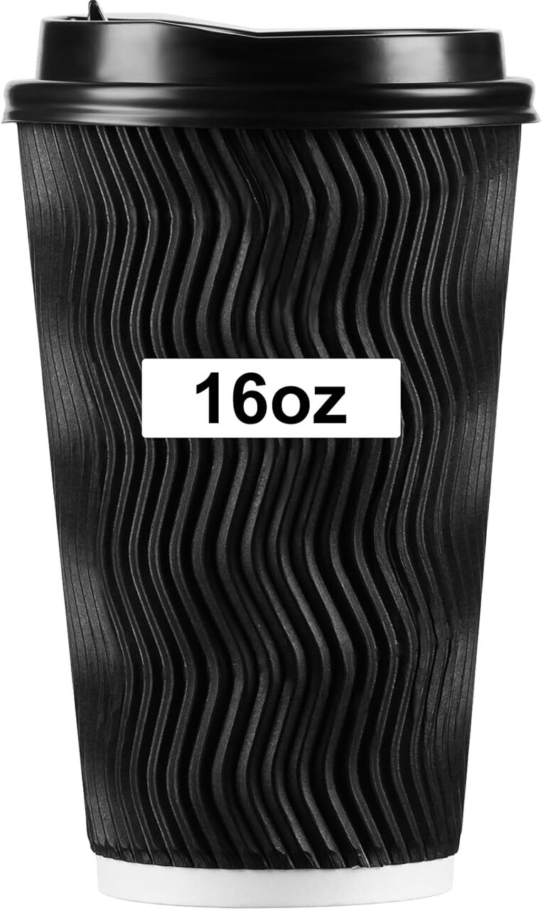 16oz Disposable Coffee Cups with Lids, Insulated Ripple Double-Walled Disposable Coffee Cups for Beverages Espresso Tea, 50Pack Disposable Coffee Cups with Lids for Parties and Travel